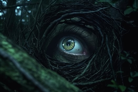 a green eye is seen through the branches of a tree generative AI photo