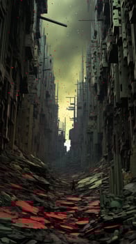 a man is walking through a city that is full of rubble generative AI photo