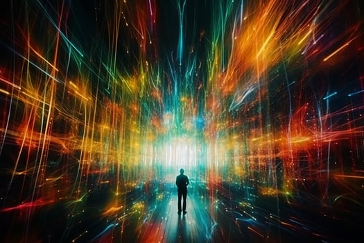 a person standing in the middle of a colorful light tunnel generative AI photo