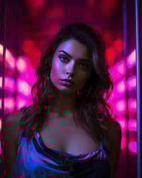 a woman in a pink dress standing in front of neon lights generative AI photo