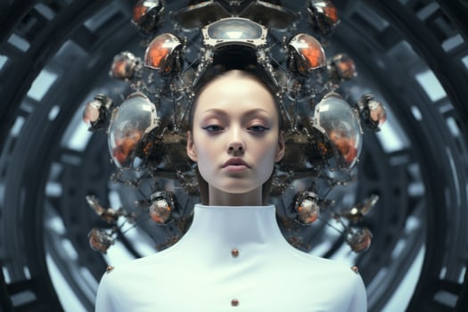 a woman in a white shirt is surrounded by a bunch of metal objects generative AI photo
