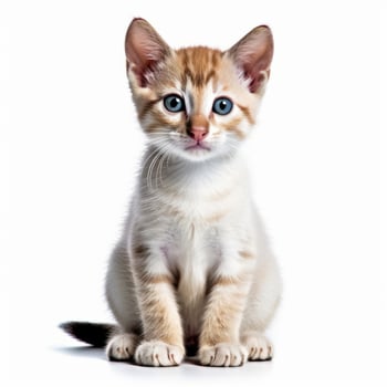 an orange and white kitten with blue eyes sitting on a white background generative AI photo