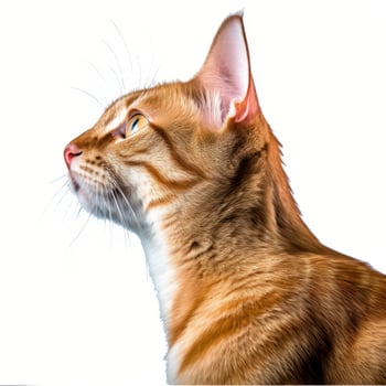 an orange tabby cat is looking to the side on a white background generative AI photo