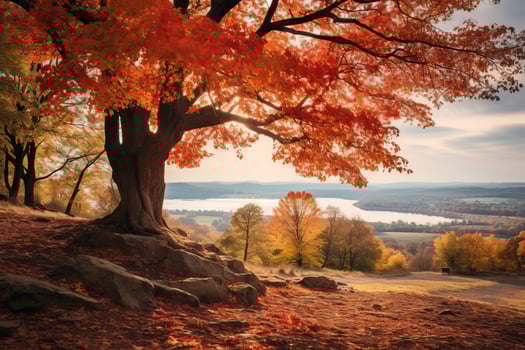 autumn tree on the hillside with a lake in the background generative AI photo