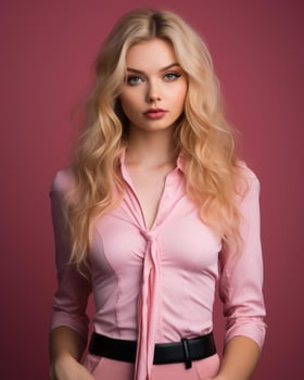 beautiful blonde woman in pink shirt and black pants generative AI photo