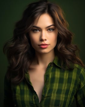 beautiful young woman in green checkered shirt generative AI photo