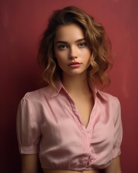 beautiful young woman in pink shirt posing against red background generative AI photo