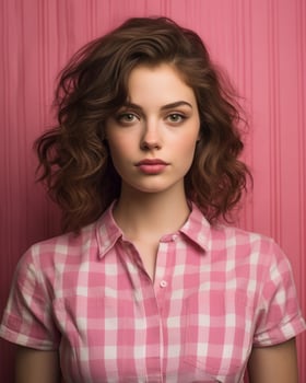 beautiful young woman in pink checkered shirt on pink background generative AI photo