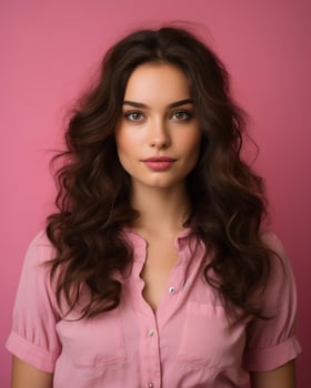 beautiful young woman with long wavy hair on pink background generative AI photo