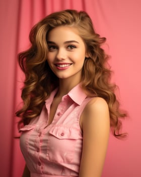beautiful young woman with long curly hair posing for the camera on a pink background generative AI photo