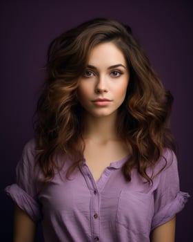 beautiful young woman with long wavy hair on purple background generative AI photo