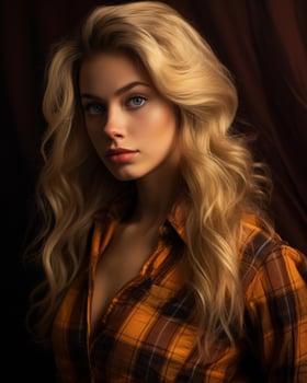 portrait of a beautiful blonde woman in a checkered shirt generative AI photo