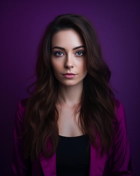 portrait of a beautiful young woman with long brown hair on a purple background generative AI photo