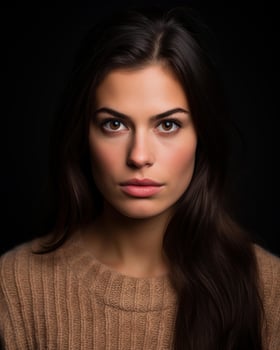 portrait of a beautiful young woman with long brown hair on a black background generative AI photo