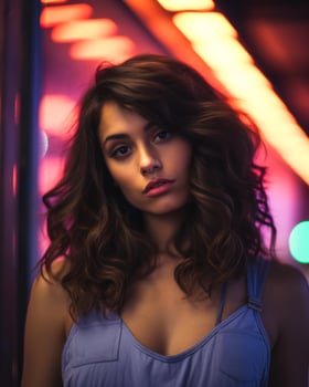 portrait of a beautiful young woman with neon lights in the background generative AI photo