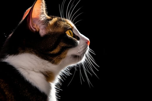 portrait of a calico cat on a black background generative AI photo