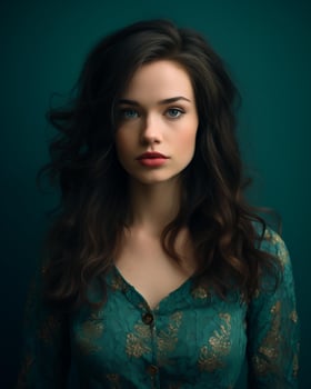 portrait of beautiful woman with long dark hair on dark background generative AI photo