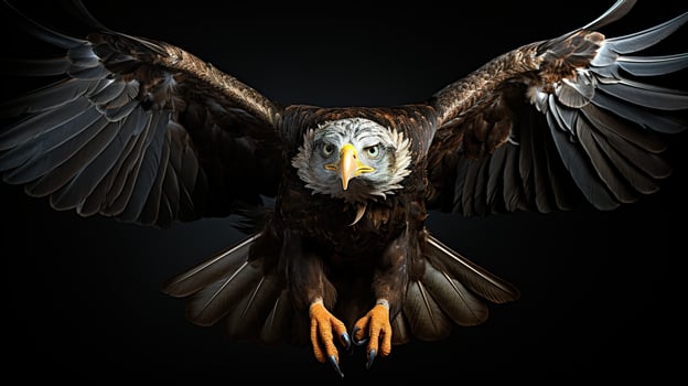 Intense Gaze of a Bird of Prey, Close Up of Bald Eagle's Eyes with Striking Orange Color on a Dramatic Black Background photo