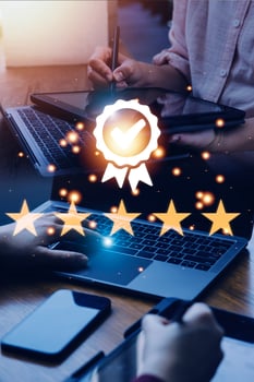 Hand shows the sign of the top service Quality assurance, Guarantee, Standards, ISO certification and standardization concept, satisfaction, service experience. photo