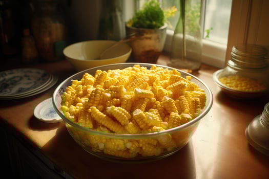 Sterilized corn in a bowl on the table. Generative AI photo