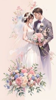 wedding couple with flower watercolor background photo