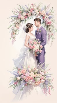 wedding couple with flower watercolor background photo