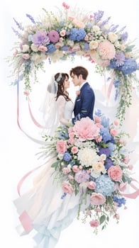 wedding couple with flower watercolor background photo