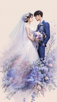 wedding couple with flower watercolor background photo