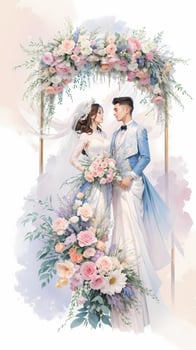 wedding couple with flower watercolor background photo