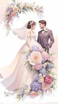 wedding couple with flower watercolor background photo
