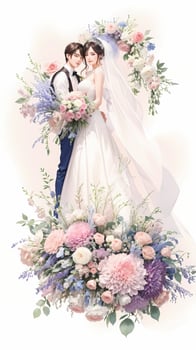wedding couple with flower watercolor background photo