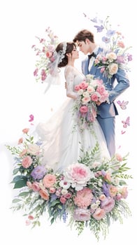 wedding couple with flower watercolor background photo