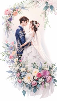 wedding couple with flower watercolor background photo