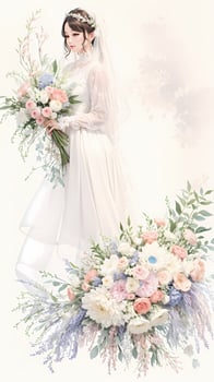 wedding couple with flower watercolor background photo