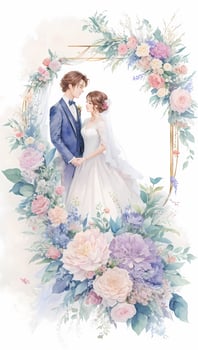wedding couple with flower watercolor background photo