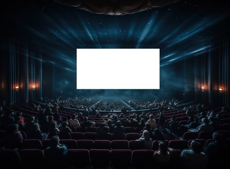 Big cinema with empty screen mockup photo