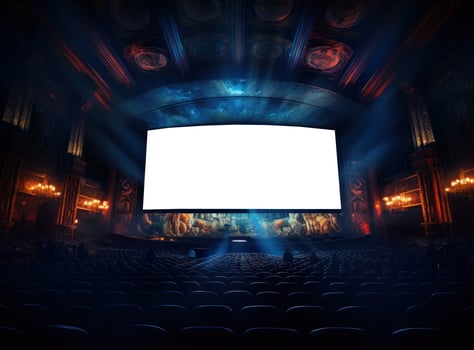 Big cinema with empty screen mockup photo