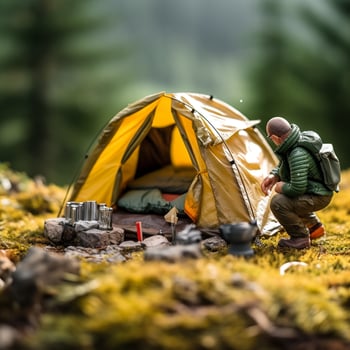 Comedy in Wilderness - Hiker's Amusing Attempt at Toy Tent Pitching AI Generative photo