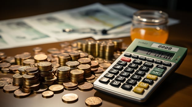 photo-realistic of calculator, money and paper with graphic chart on table AI Generative photo