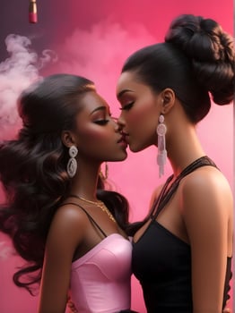 Ai generative Lesbian barbie doll kissing another barbie doll on pink background photo