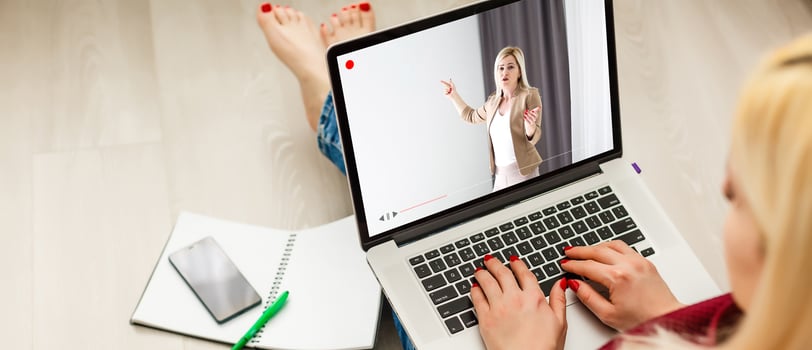 Businesswoman making video call to business partner using laptop, looking at screen with virtual web chat, contacting client by conference, talking on webcam, online consultation, hr concept, close up photo