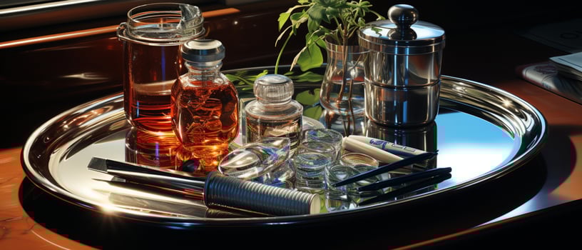 The pharmaceutical drug-medicine pills capsules in silver tray. used for relieving sickness, food supplement, top view photo