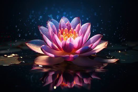Beautiful pink water lily or lotus flower on dark background AI Generated photo
