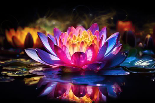 Beautiful pink water lily or lotus flower on dark background AI Generated photo