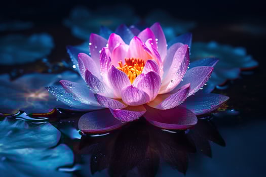 Beautiful pink water lily or lotus flower on dark background AI Generated photo