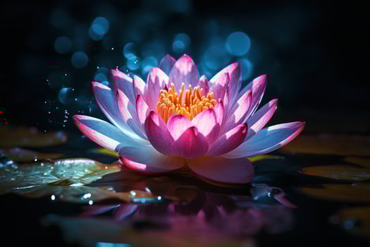 Beautiful pink water lily or lotus flower on dark background AI Generated photo