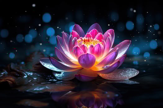 Beautiful pink water lily or lotus flower on dark background AI Generated photo