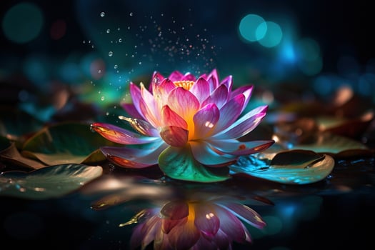Beautiful pink water lily or lotus flower on dark background AI Generated photo