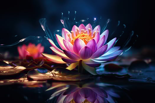 Beautiful pink water lily or lotus flower on dark background AI Generated photo
