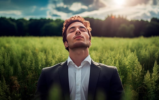 Businessman breathing fresh air in the forest with closed eyes. Generative AI photo